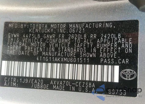 2021 Toyota Camry Se из США, поврежденный, VIN 4T1G11AKXMU601511